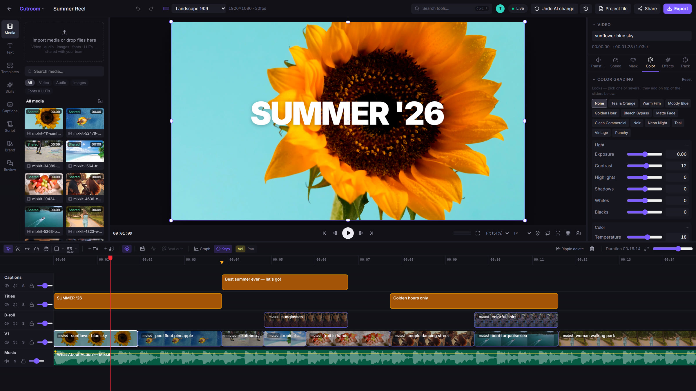The Takejam editor with the Summer Reel project open